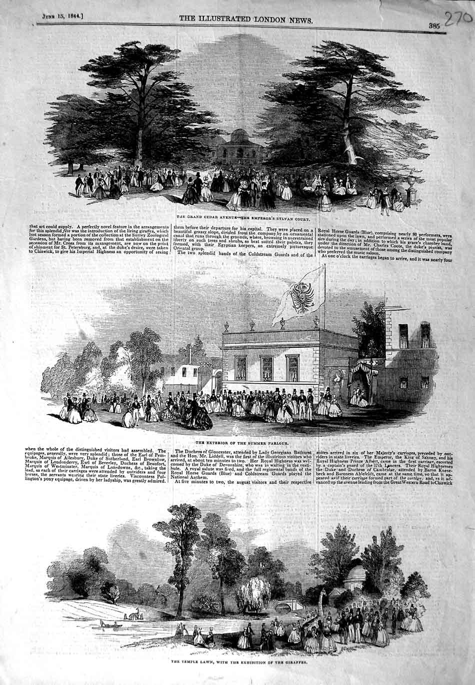 Old Antique Print 1844 Summer Palace Emperor Sylvan Temple Lawn Giraffes 19th