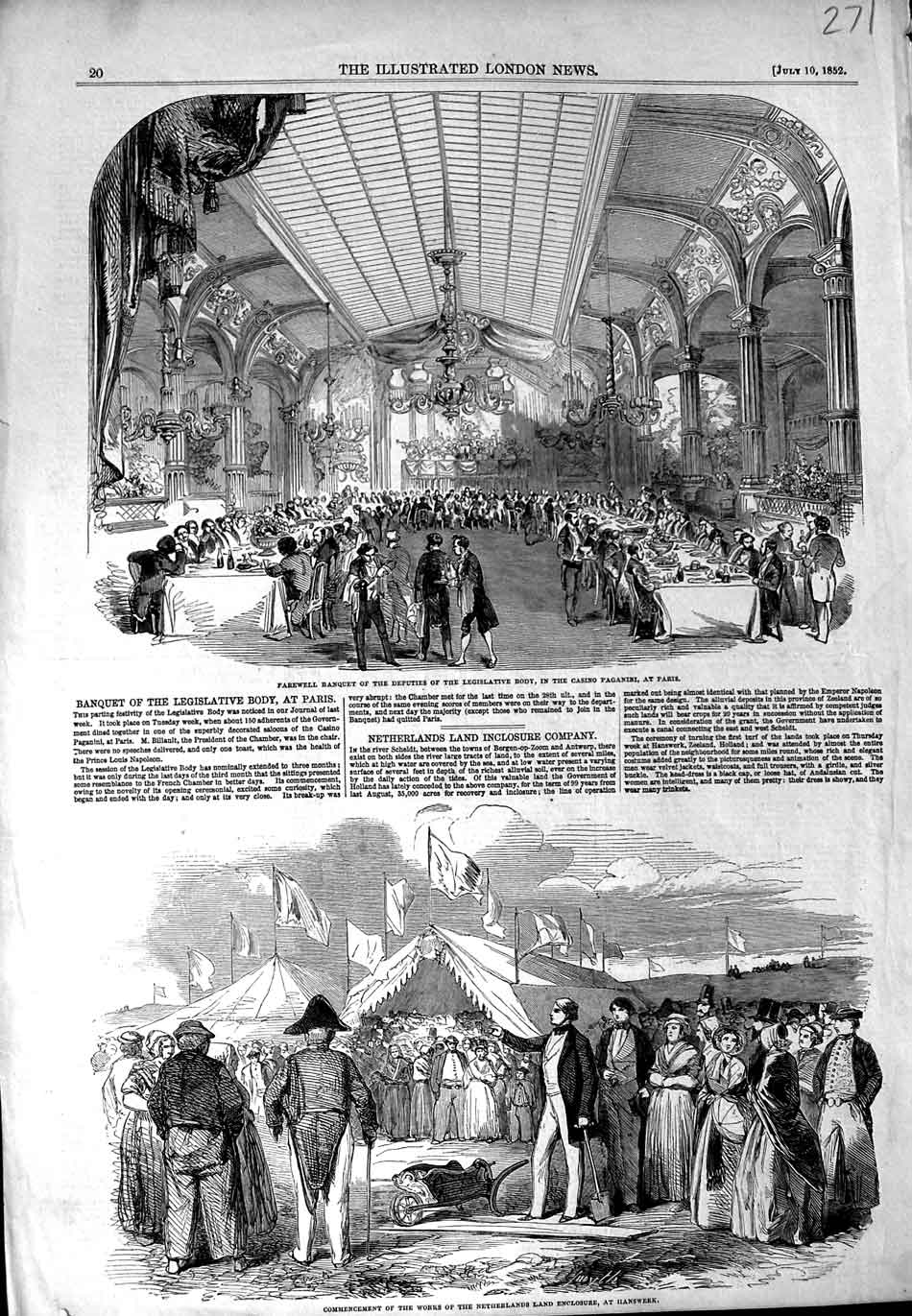 Old Antique Print 1852 Banquet Paris Casino Paganini Hanswerk Netherlands 19th