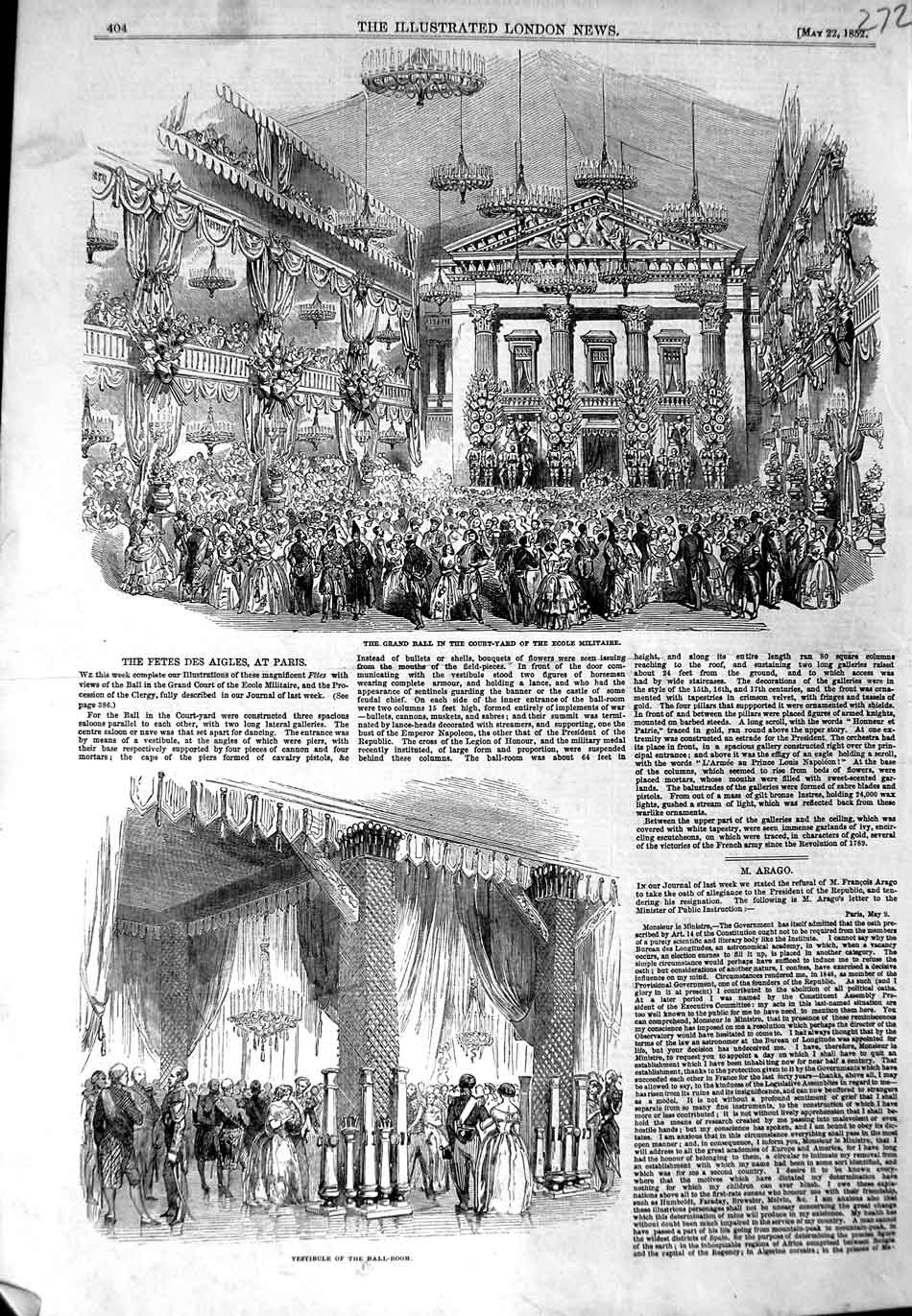 Old Antique Print 1852 Ball Court Yard Ecole Militaire Fete Aigles Paris 19th