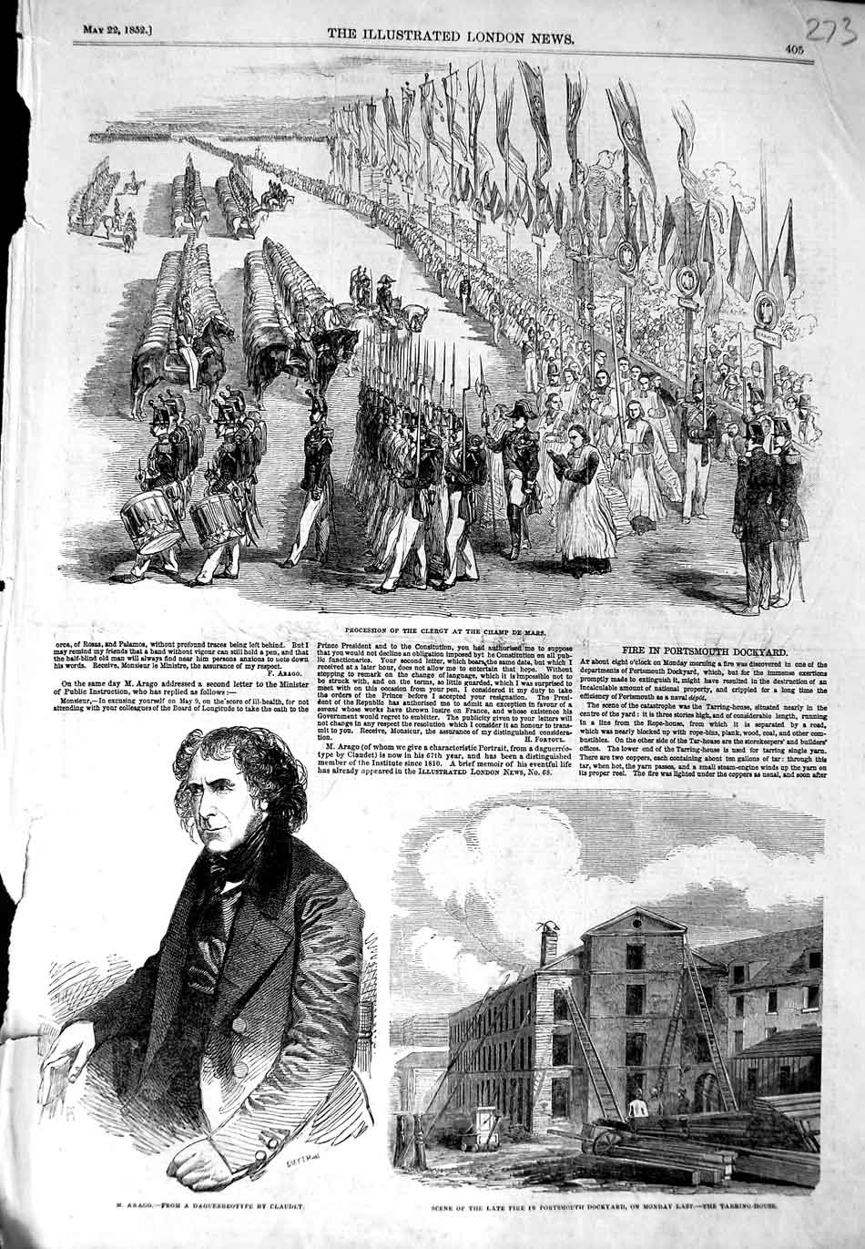 Old Antique Print 1852 Arago Fire Portsmouth Dockyard Clergy Champ Mars 19th