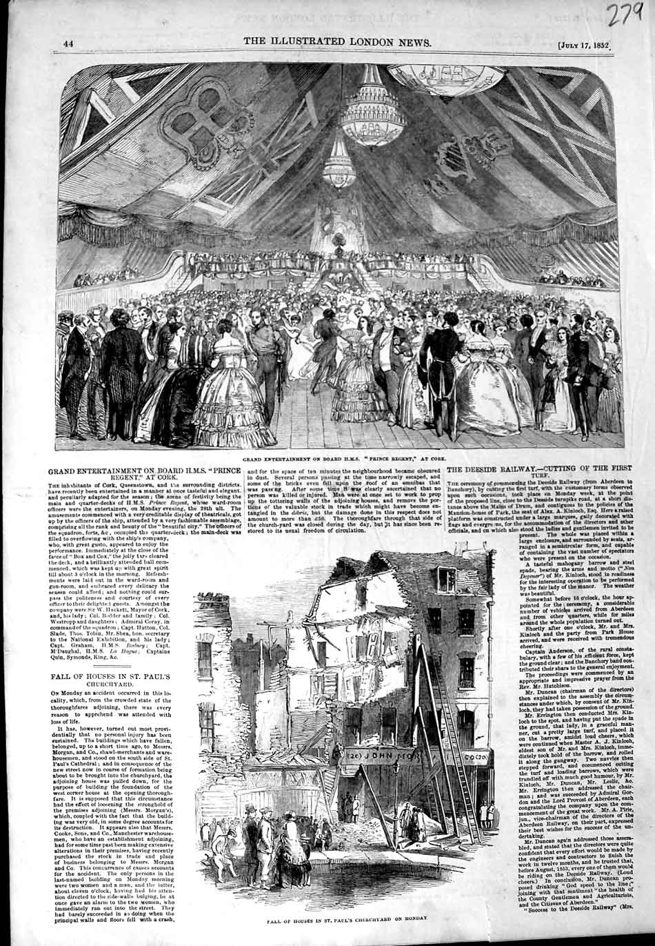 Old Antique Print 1852 Houses Paul'S Churchyard Ship Prince Regent Cork 19th