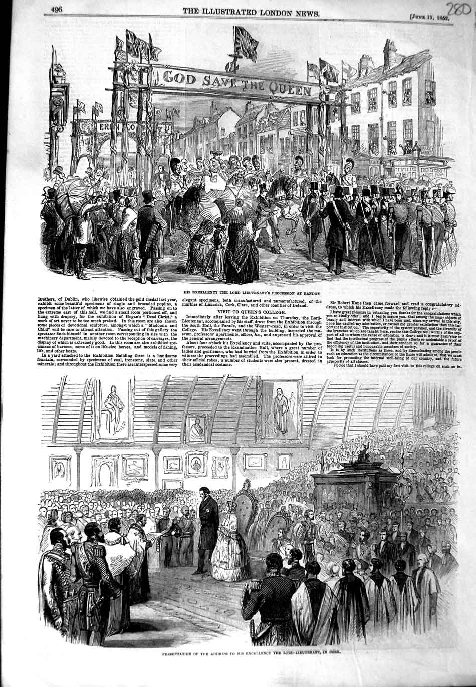 Original Old Antique Print 1852 Lord Lieutenant Procession Bandon Cork Queen