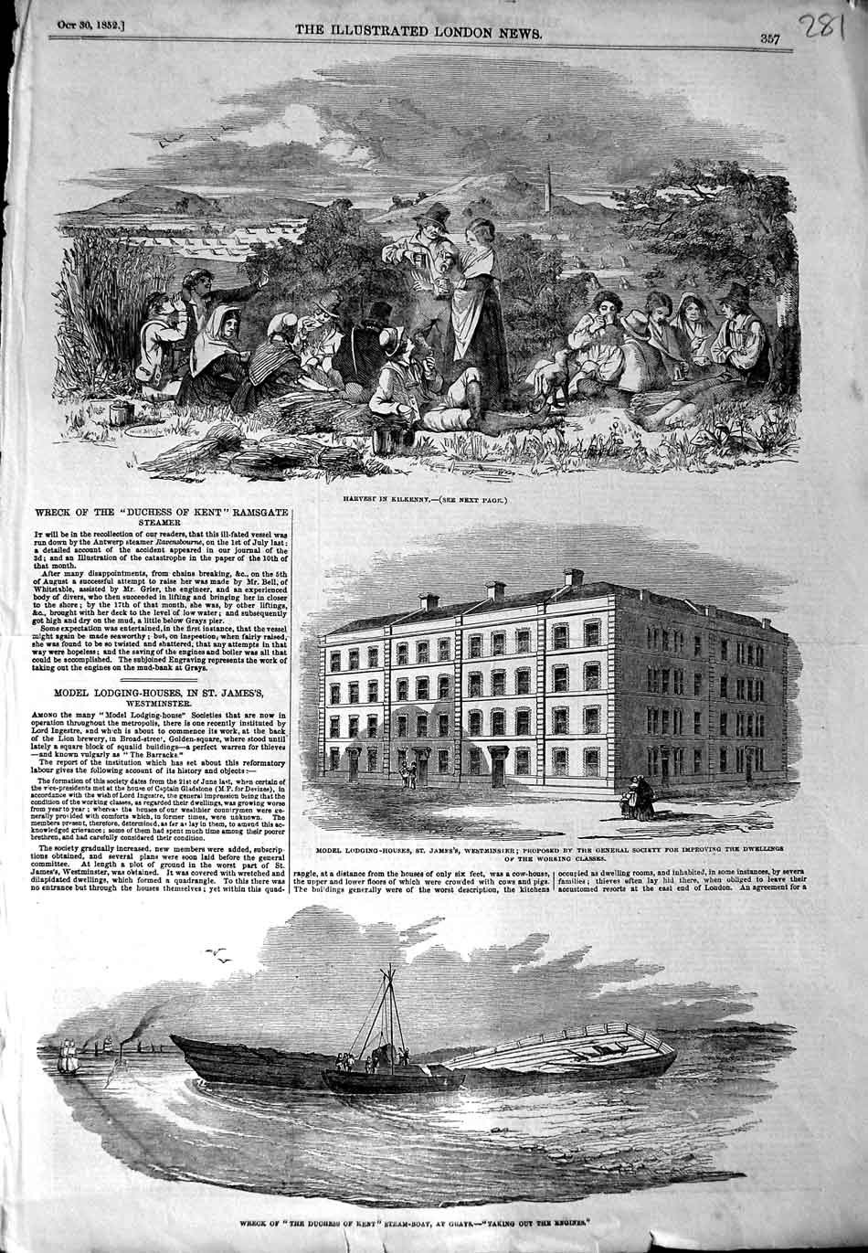 Original Old Antique Print 1852 Harvest Kilkenny Westminster Ship Duchess Kent