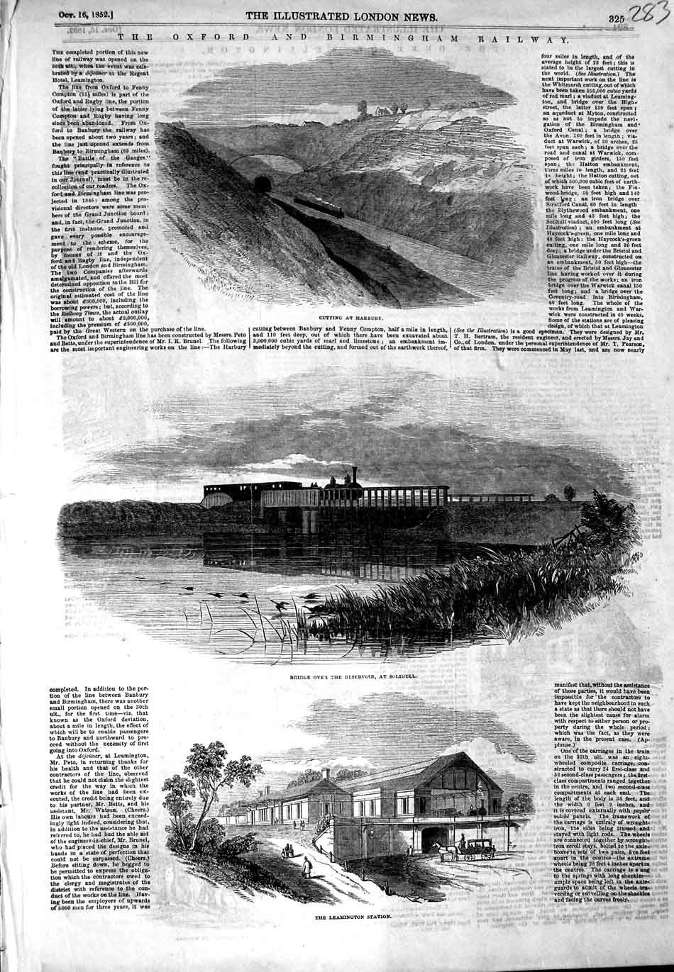 Old Antique Print 1852 Oxford Birmingham Railway Train Solihull Harbury 19th