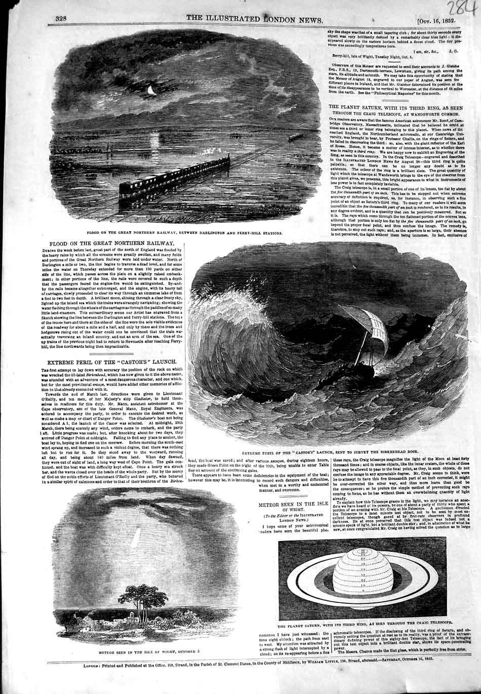 Old Antique Print 1852 Meteor Isle Wight Saturn Flood Railway Darlington 19th