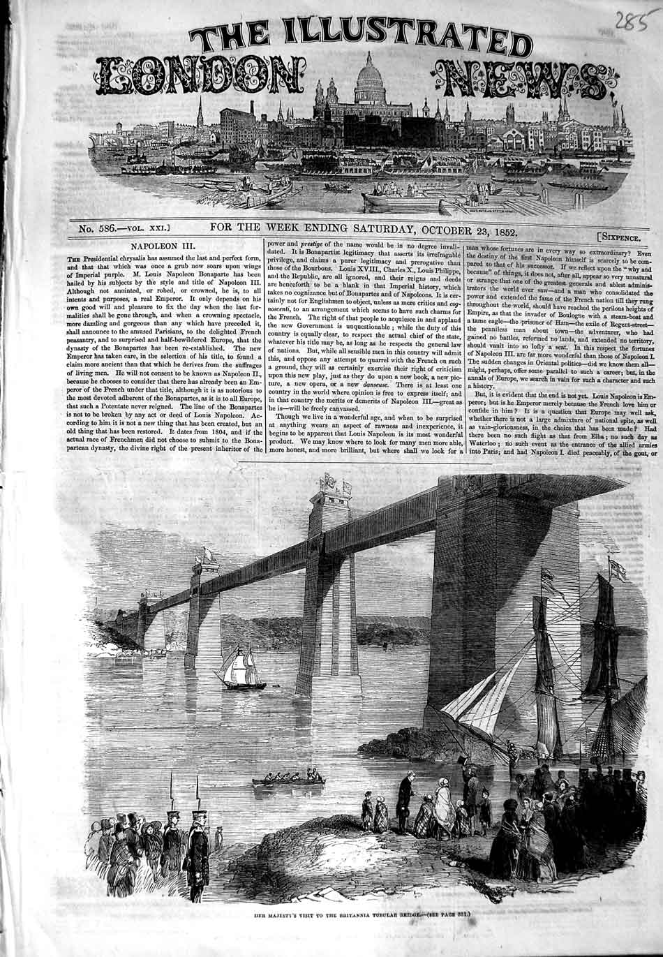 Original Old Antique Print 1852 Queen Visit Brittania Tubular Bridge Ship River