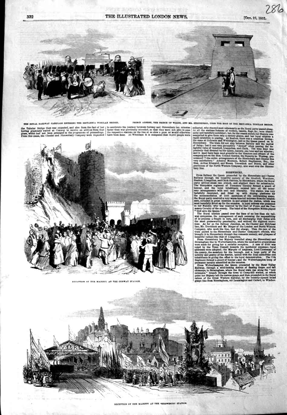 Original Old Antique Print 1852 Shrewsbury Station Queen Conway Prince Albert