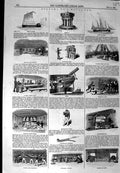 Original Old Antique Print 1845 Man-Of-War Ship Dining Room Hammocks Capstan