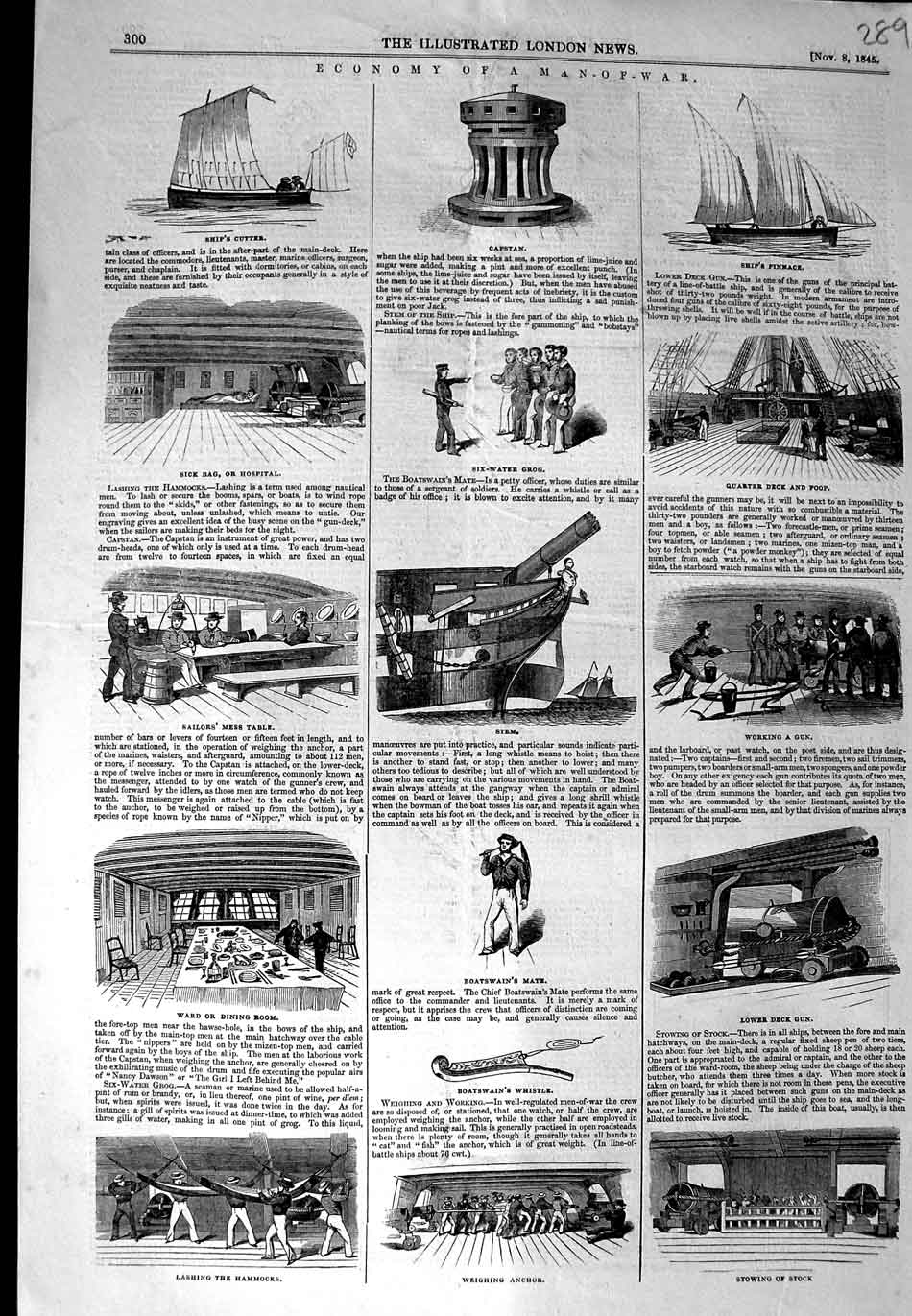 Original Old Antique Print 1845 Man-Of-War Ship Dining Room Hammocks Capstan