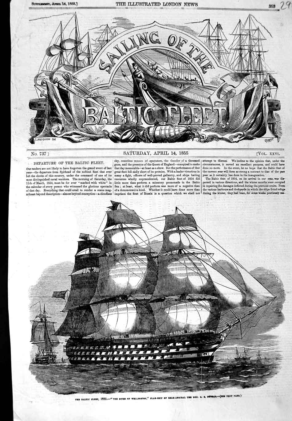 Original Old Antique Print 1855 Baltic Fleet Duke Wellington Flag Ship Dundas