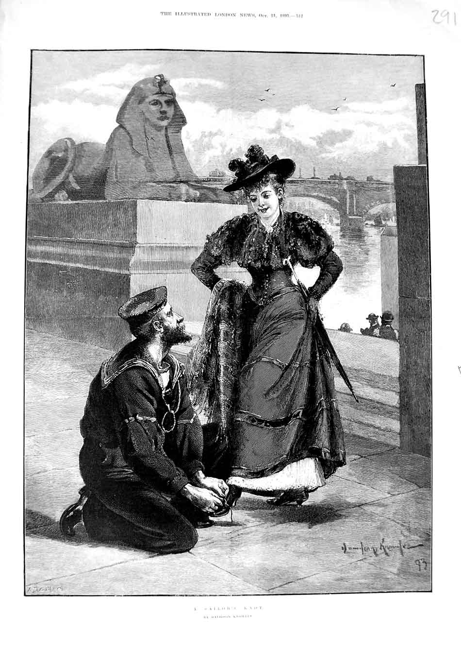 Original Old Antique Print 1893 Davidson Knowles Fine Art Sailor Lady Romance