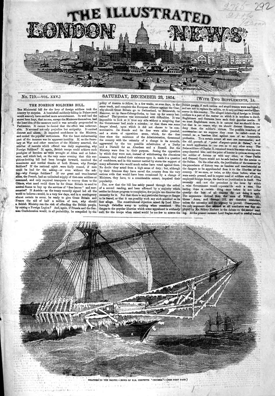 Old Antique Print 1854 Weather Baltic Ice Bows H.M Corvette Cruiser Ship 19th