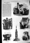 Original Old Antique Print 1878 Winchester Beaufort Tower Cross Quadrangle Font
