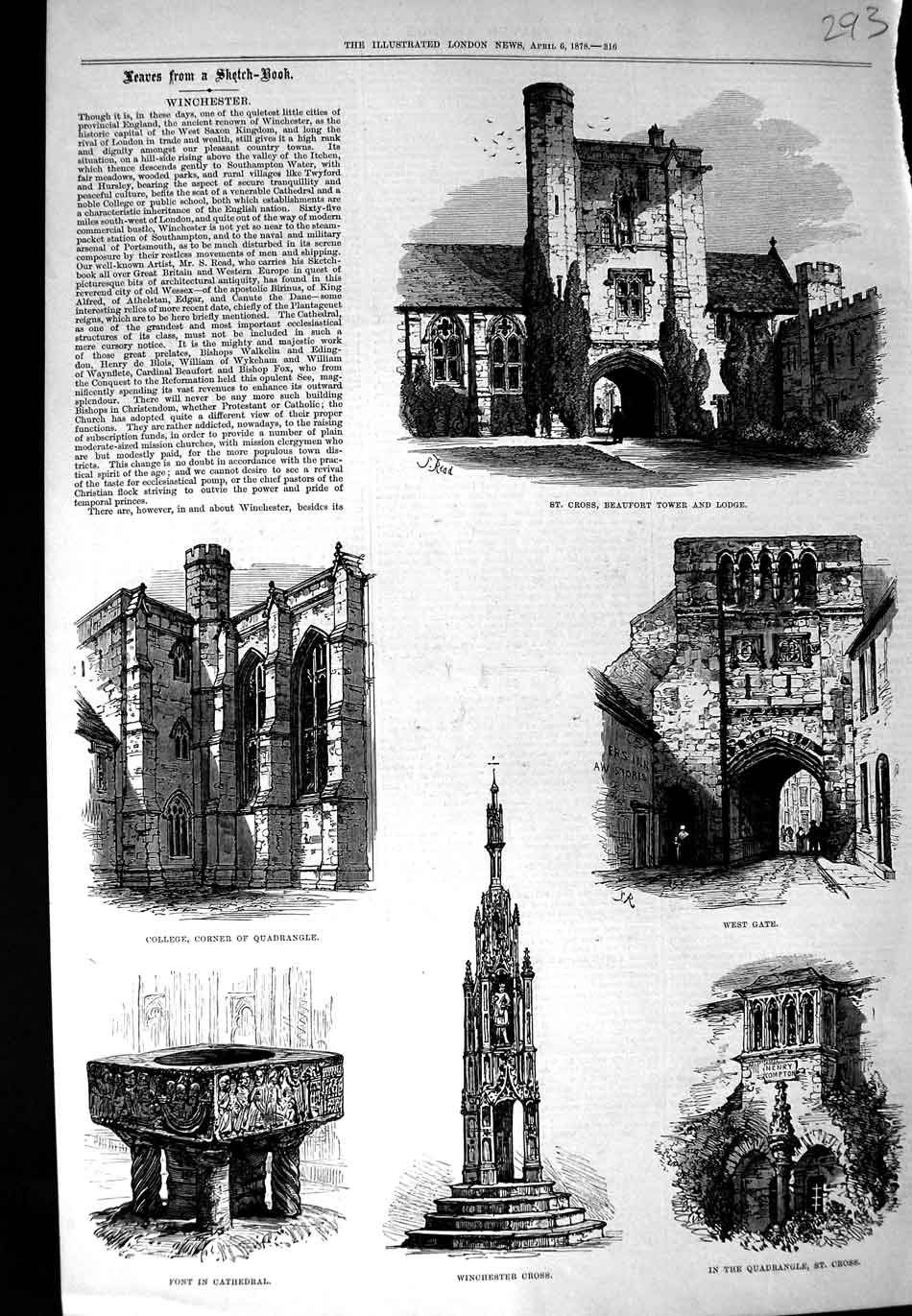 Original Old Antique Print 1878 Winchester Beaufort Tower Cross Quadrangle Font