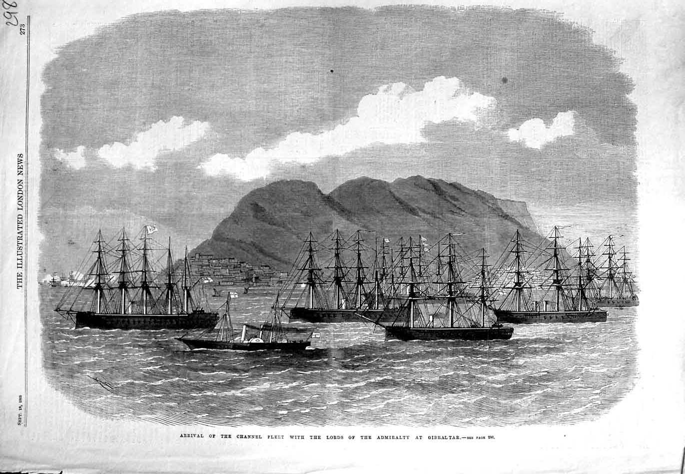 Original Old Antique Print 1869 Channel Fleet Lords Admiralty Gibraltar Ships