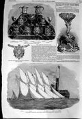 Old Antique Print 1856 Thames Yacht Club Nymph Camellia Poultry Show Cups 19th
