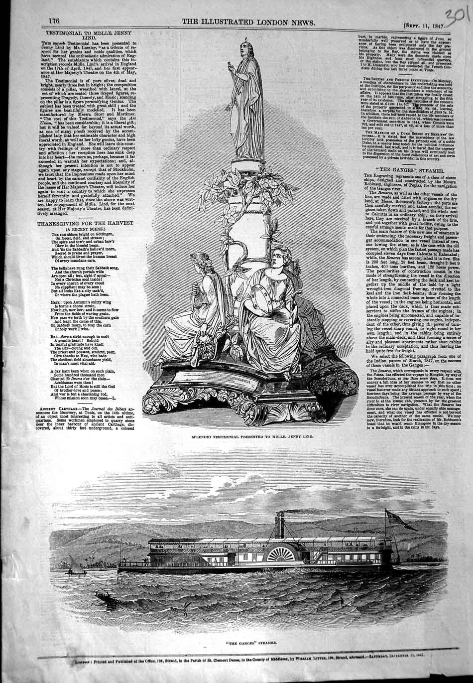 Old Antique Print 1847 Ganges River Steamer Boat Testimonial Jenny Lind 19th