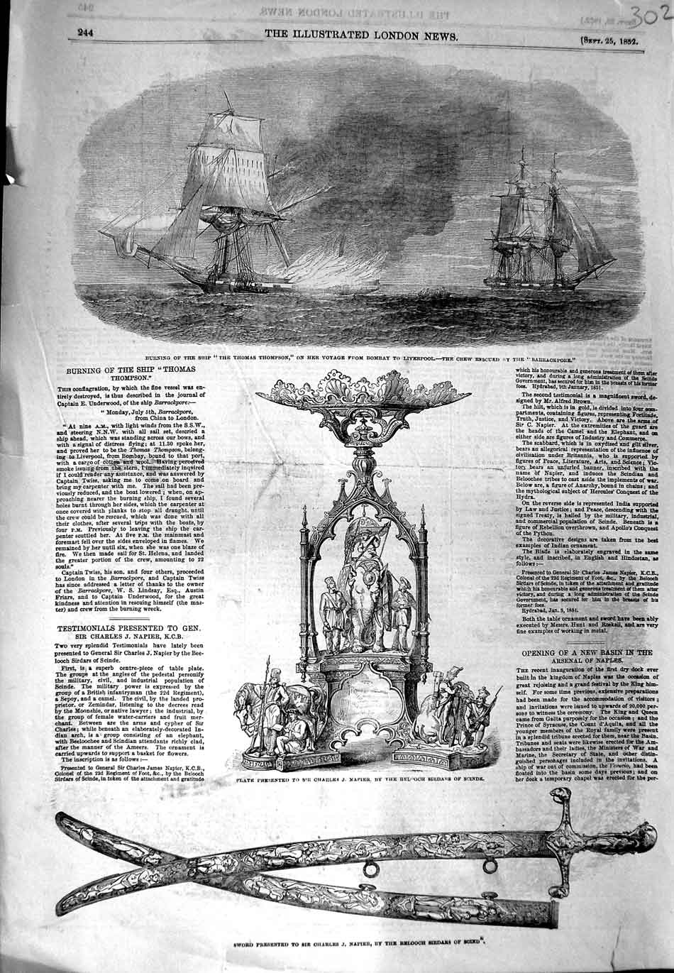 Old Antique Print 1852 Sword Napier Belooch Scinde Ship Thomas Thompson 19th