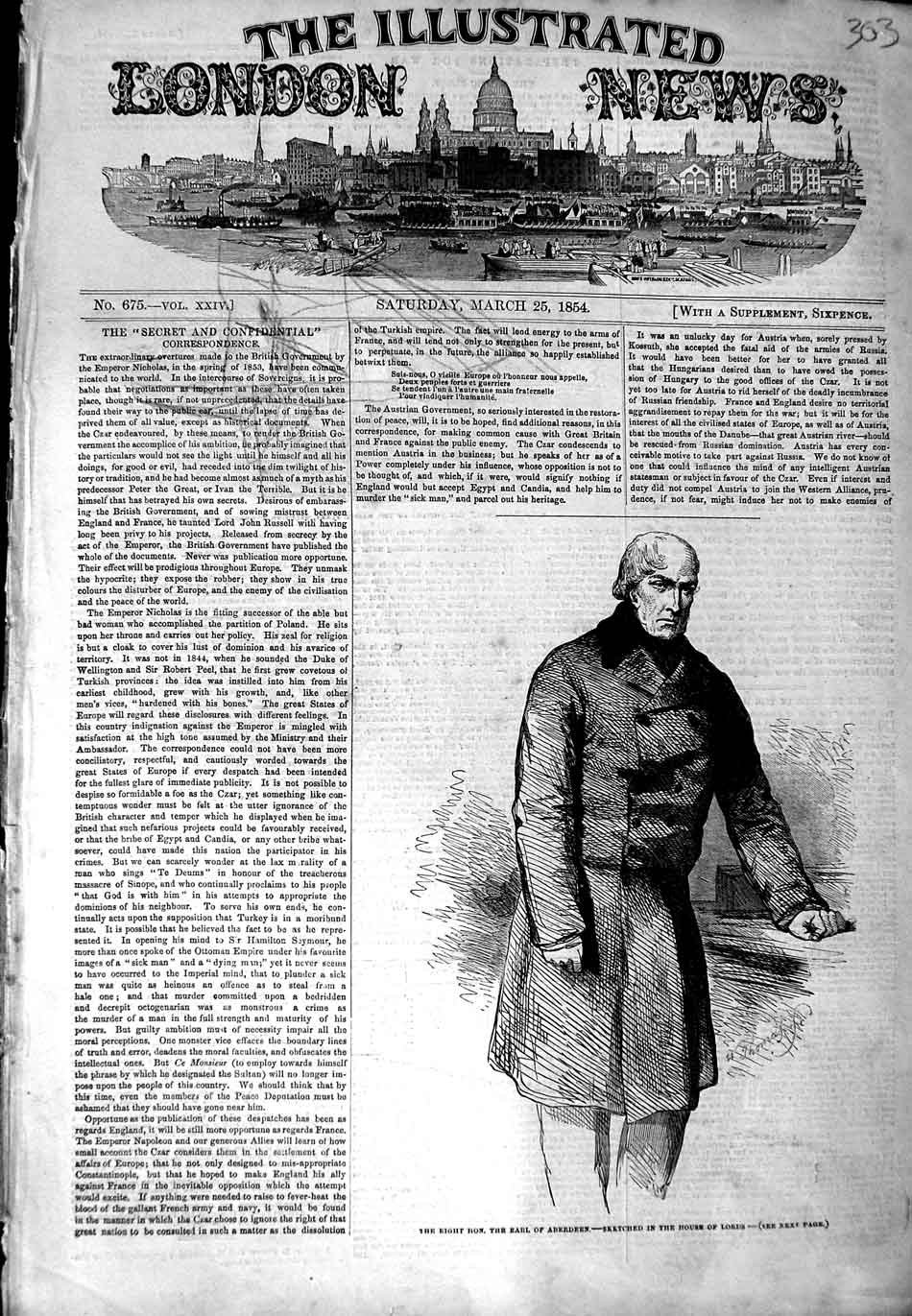 Original Old Antique Print 1854 Portrait Earl Aberdeen House Lords Victorian