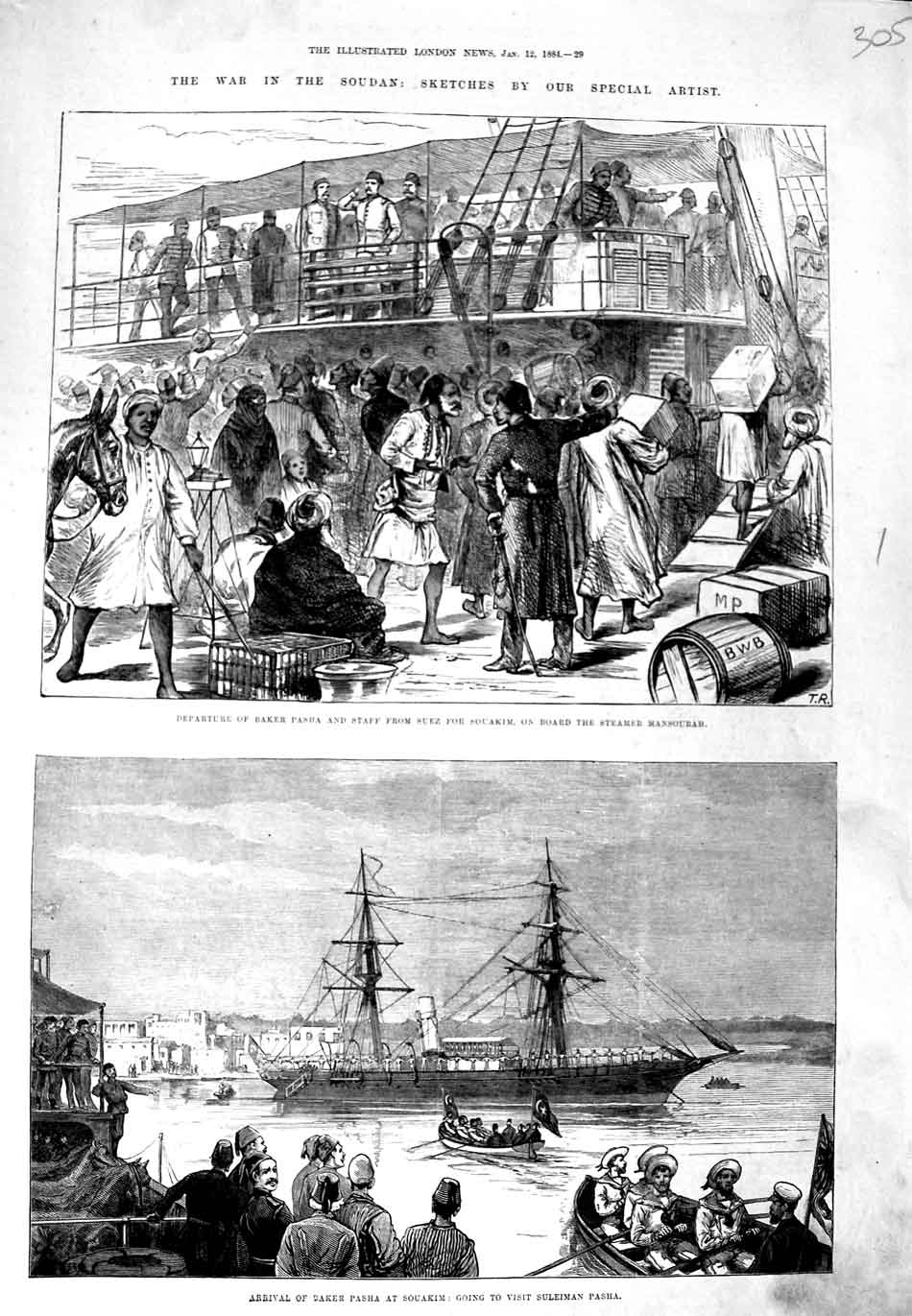 Old Antique Print 1884 War Soudan Baker Pasha Suez Ship Mansourah Souakim 19th