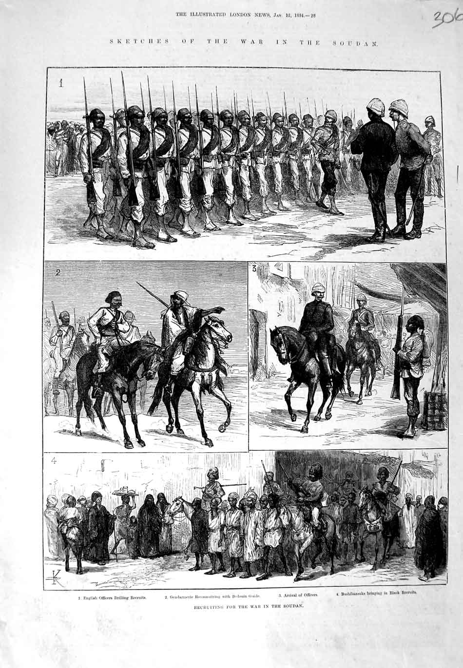 Old Antique Print 1884 War Soudan Bashibazouks Gendarmerie Bedouin Guide 19th