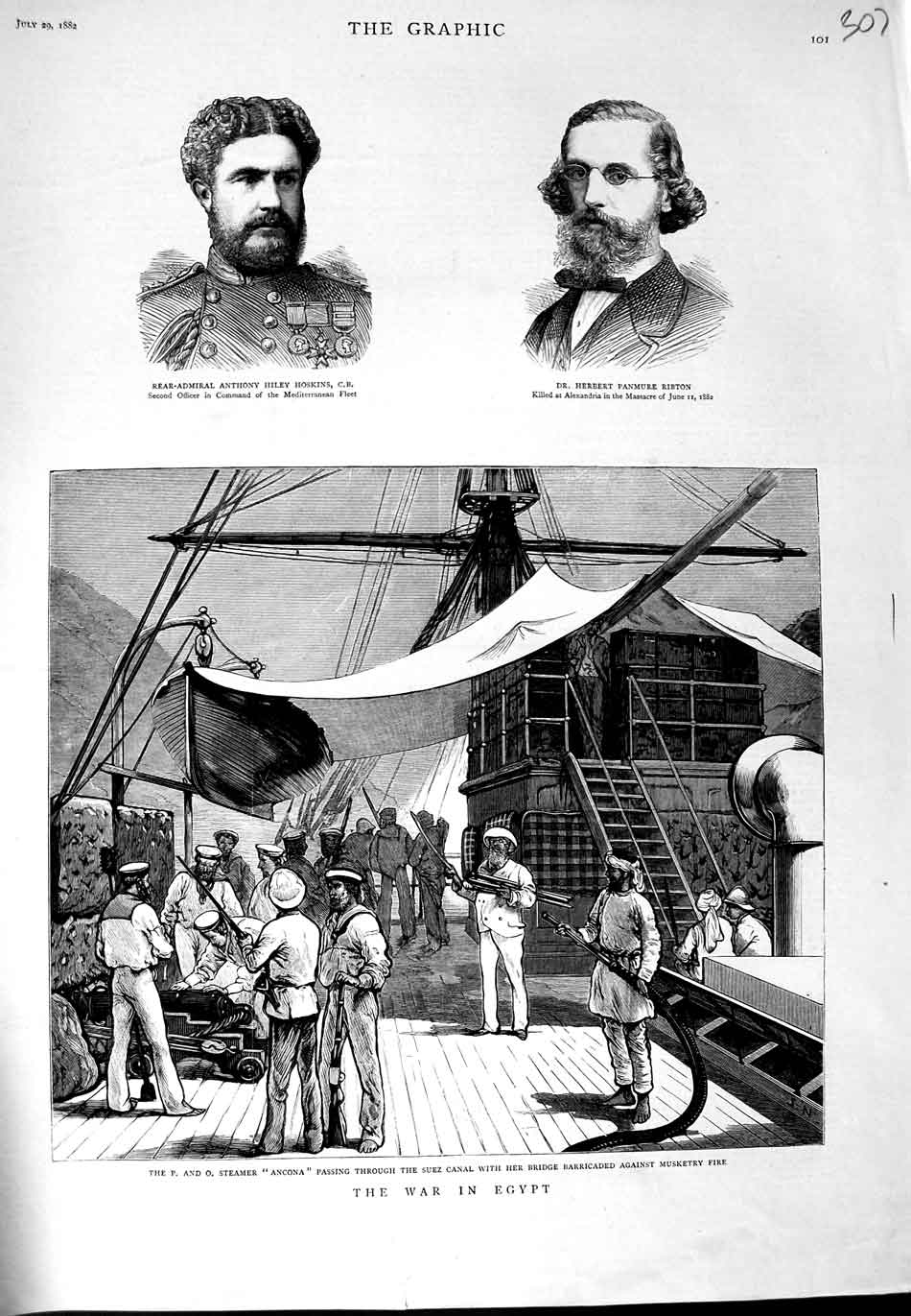 Original Old Antique Print 1882 War Egypt Ship Ancona Suez Canal Hoskins Ribton