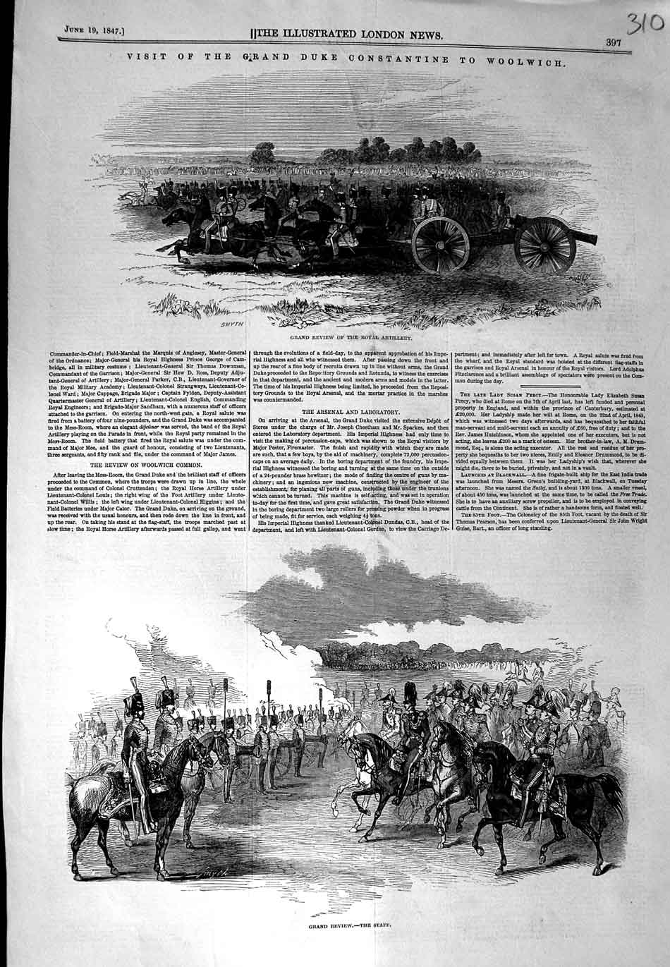 Original Old Antique Print 1847 Grand Review Royal Artillery Woolwich War 19th