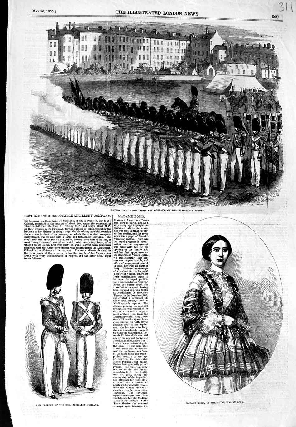 Old Antique Print 1855 Review Royal Artillery Company Madame Bosio Opera 19th