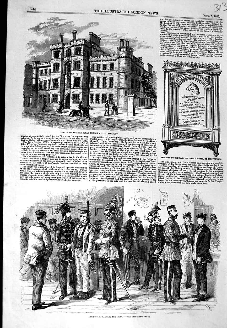 Old Antique Print 1857 Royal London Militia Finsbury John Siddall Windsor 19th