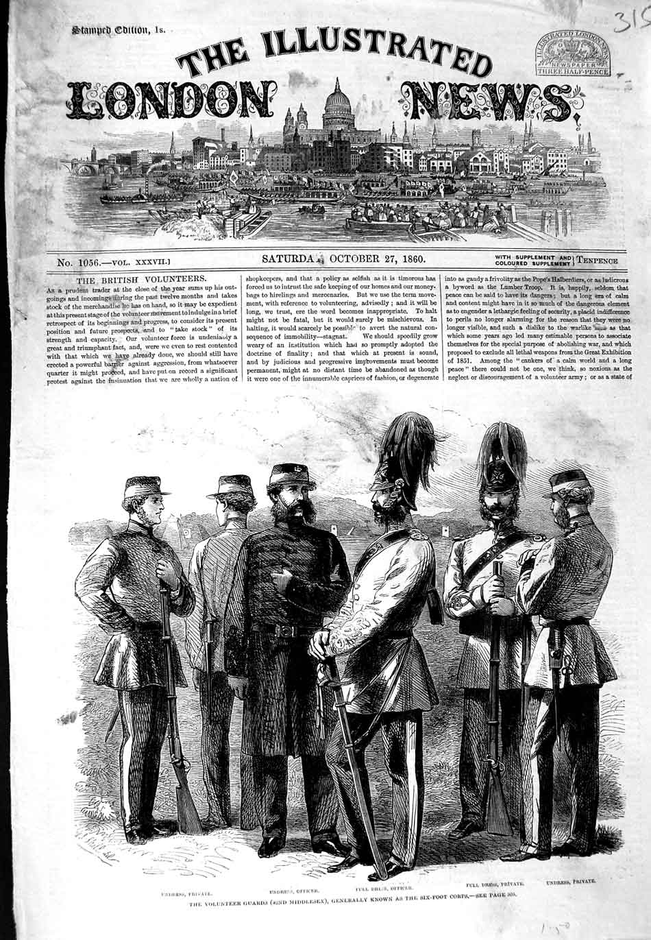 Original Old Antique Print 1860 Volunteer Guards Middlesex Six-Foot Corps War