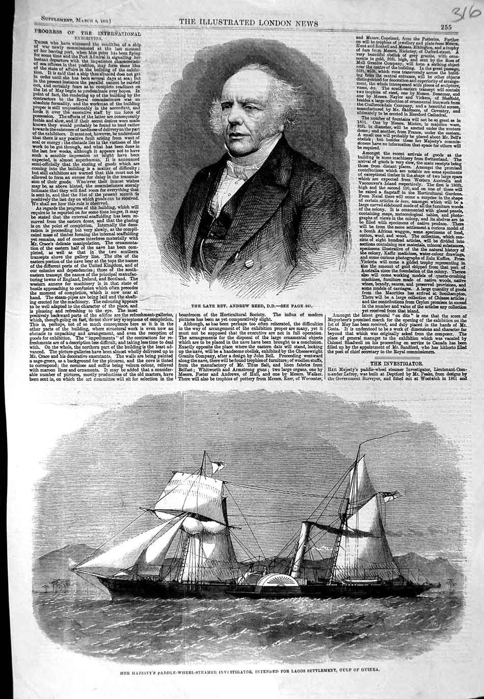 Old Antique Print 1862 Rev. Andrew Reed Queen Paddle Steamer Investigator 19th