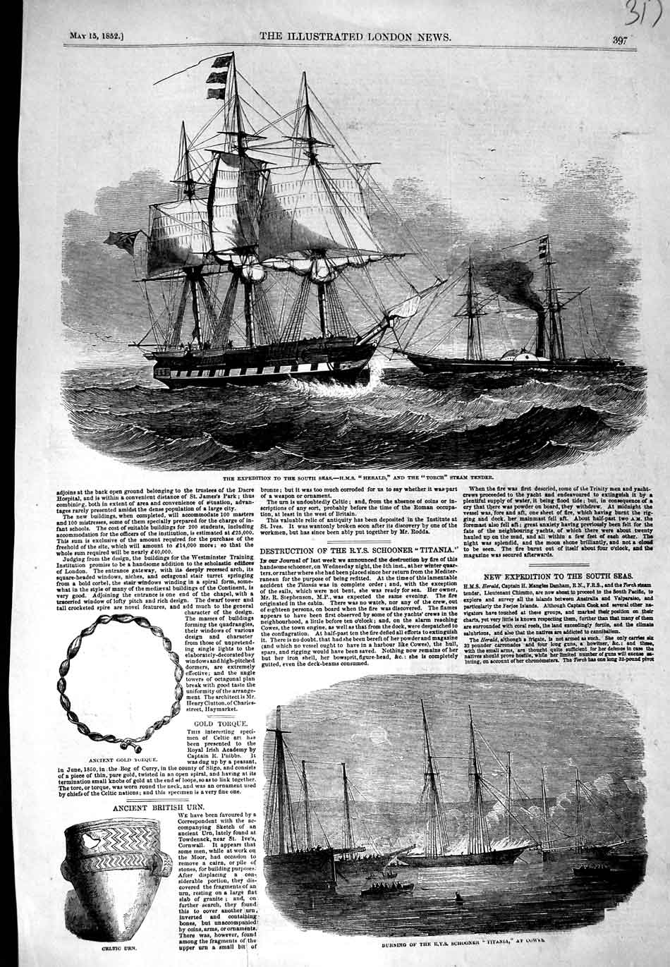 Original Old Antique Print 1852 Fire Ship Schooner Titania Herald Torch Tender