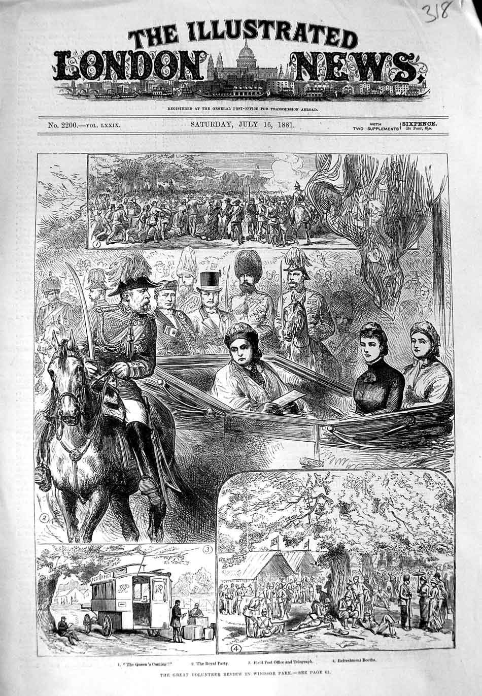 Original Old Antique Print 1881 Volunteer Review Windsor Park Queen Royal Party