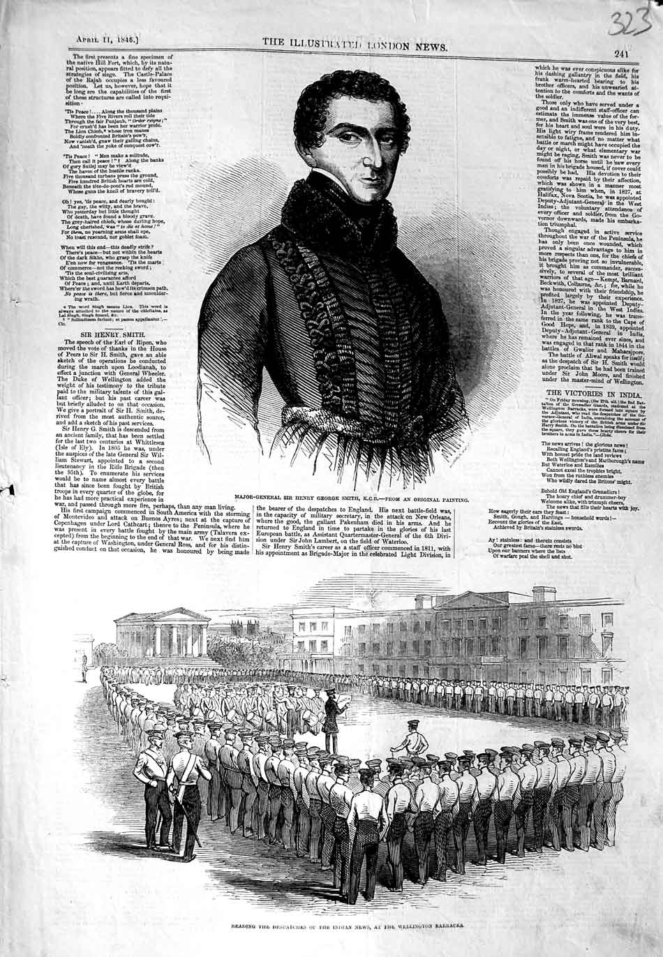 Original Old Antique Print 1846 Major General Henry Smith Wellington Barracks