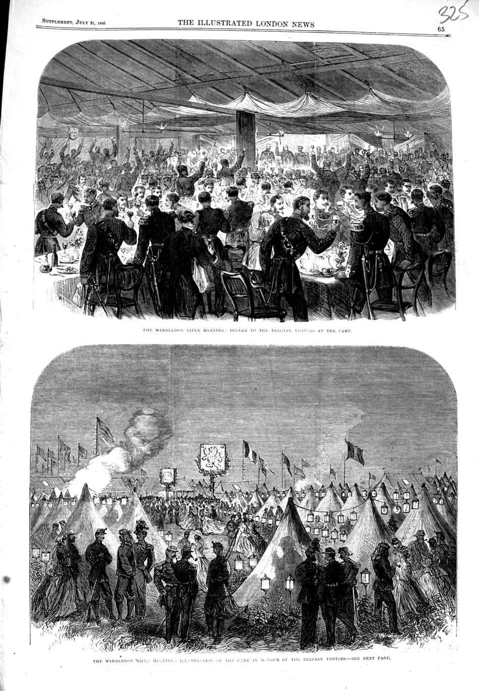 Original Old Antique Print 1866 Wimbledon Rifle Meeting Camp Belgian Visitors