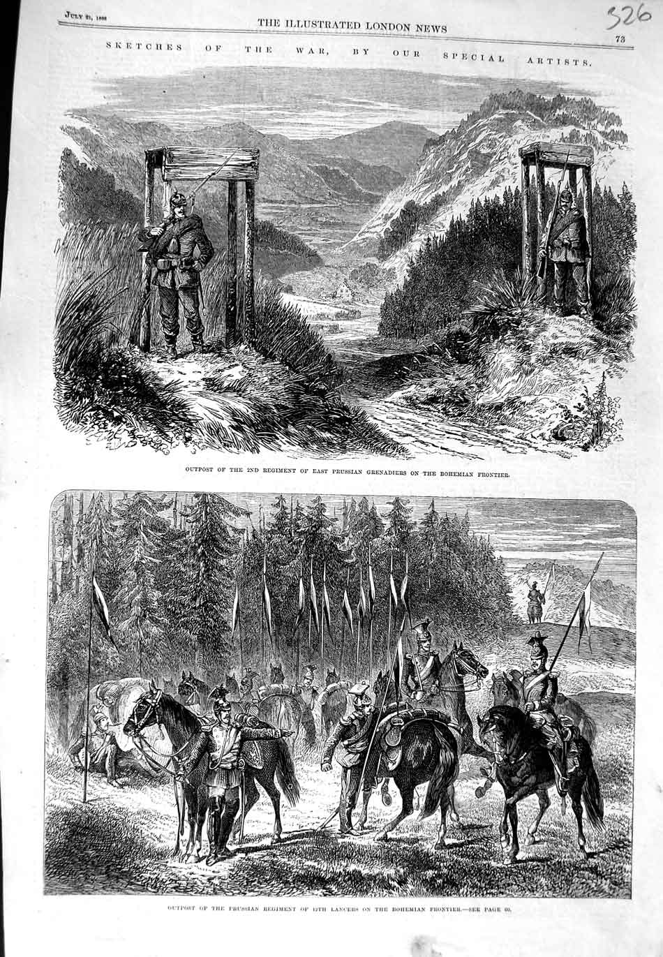 Old Antique Print 1866 War Outpost Prussian Grenadiers Lancers Bohemian 19th