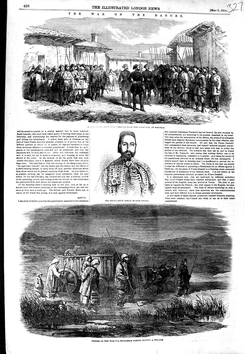 Original Old Antique Print 1854 War Danube Ismail Pacha Cossacks Schumla Family