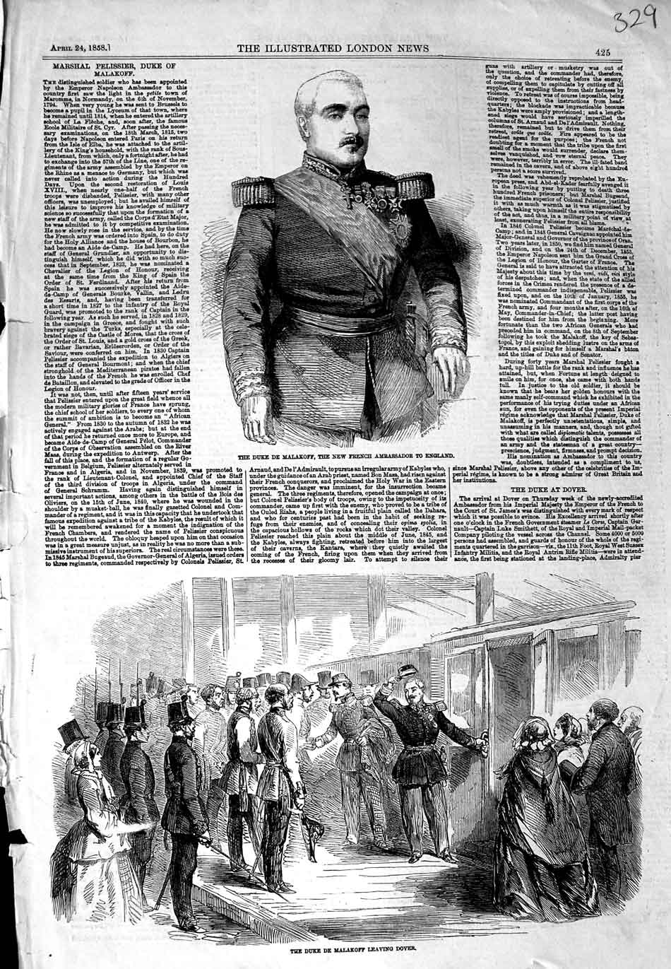 Old Antique Print 1858 Duke De Malakoff French Ambassador England Dover 19th