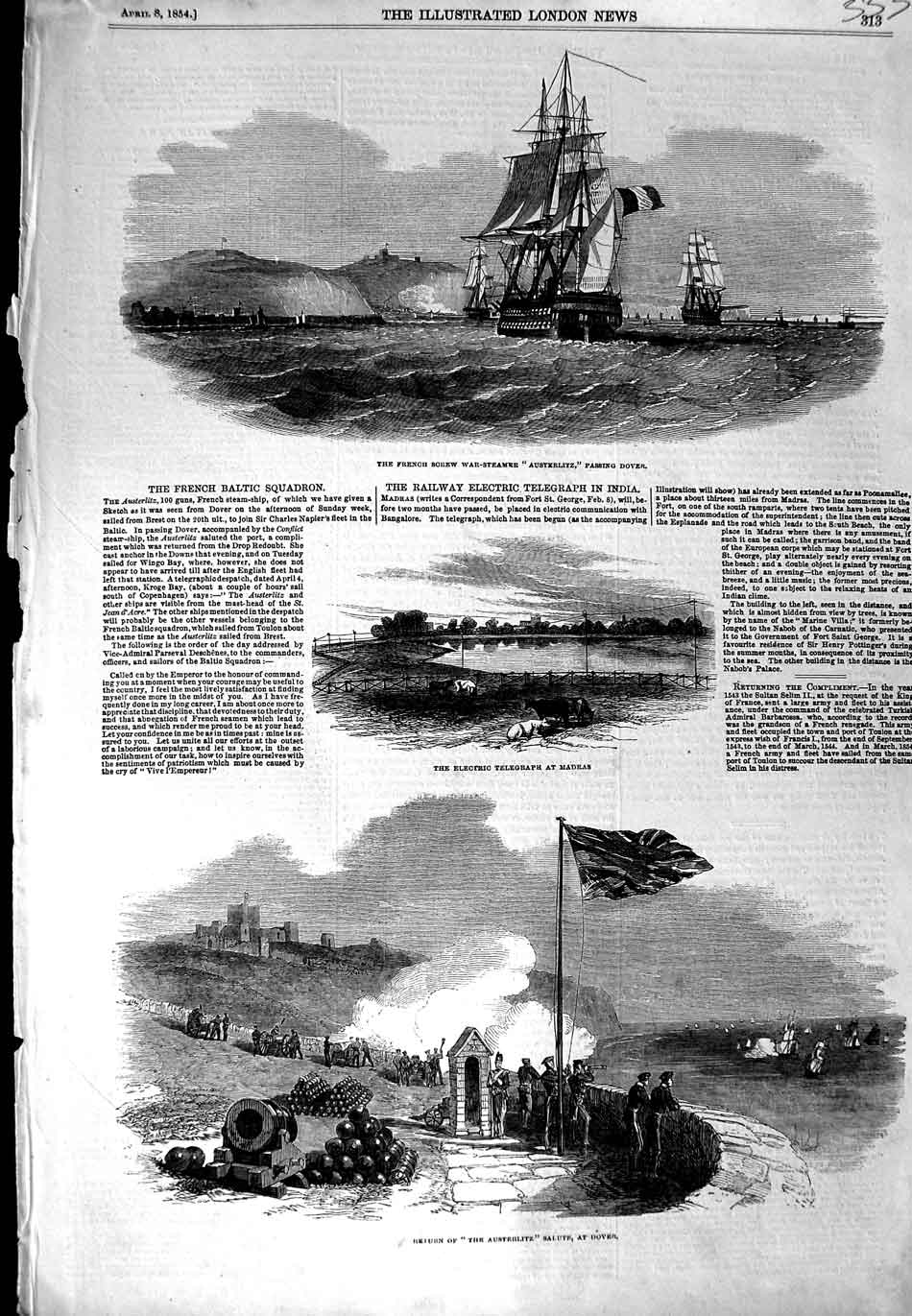 Original Old Antique Print 1854 French Ship Austerlitz Dover Electric Telegraph