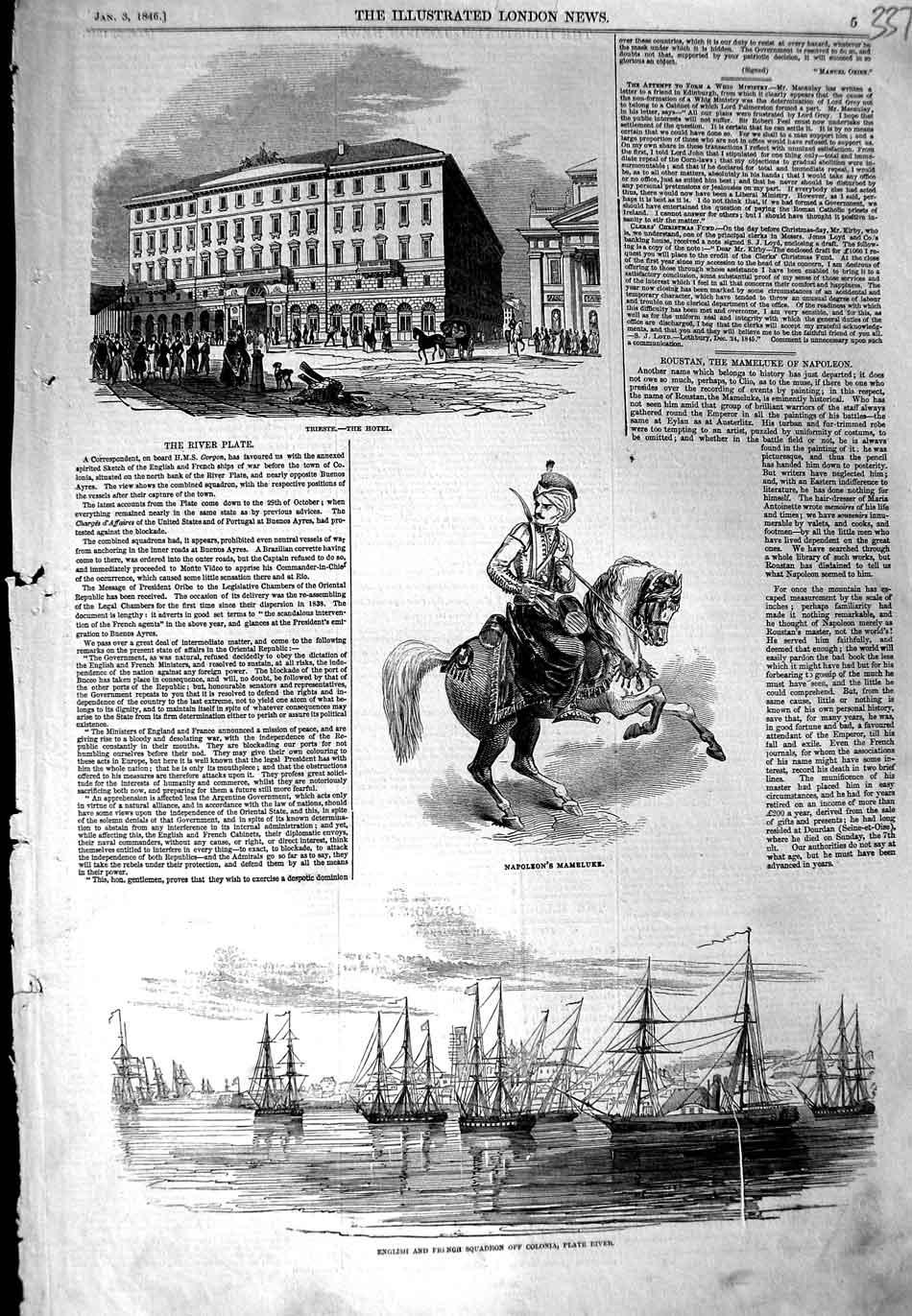 Old Antique Print 1846 Hotel Trieste Napoleons Mameluke Plate River Ship 19th