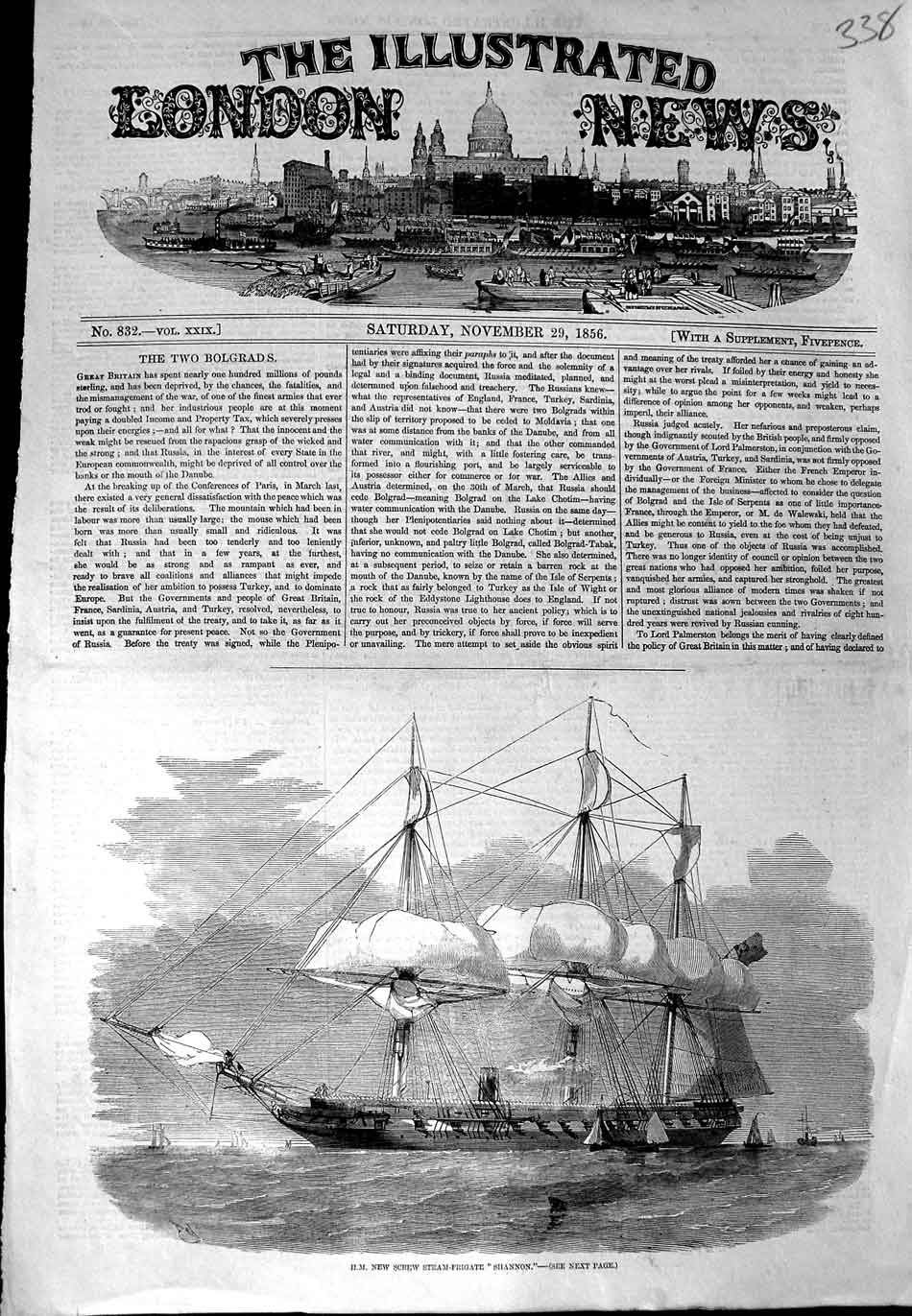 Original Old Antique Print 1856 H.M. Screw Steam Frigate War Ship Shannon 19th