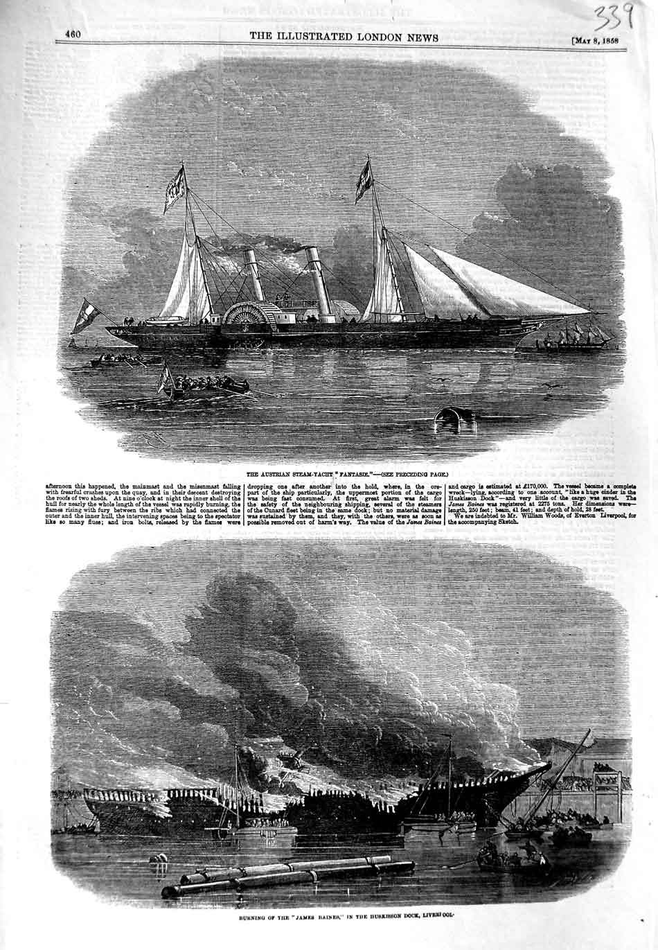 Original Old Antique Print 1858 Austrian Steam Fantasie Ship Fire James Baines