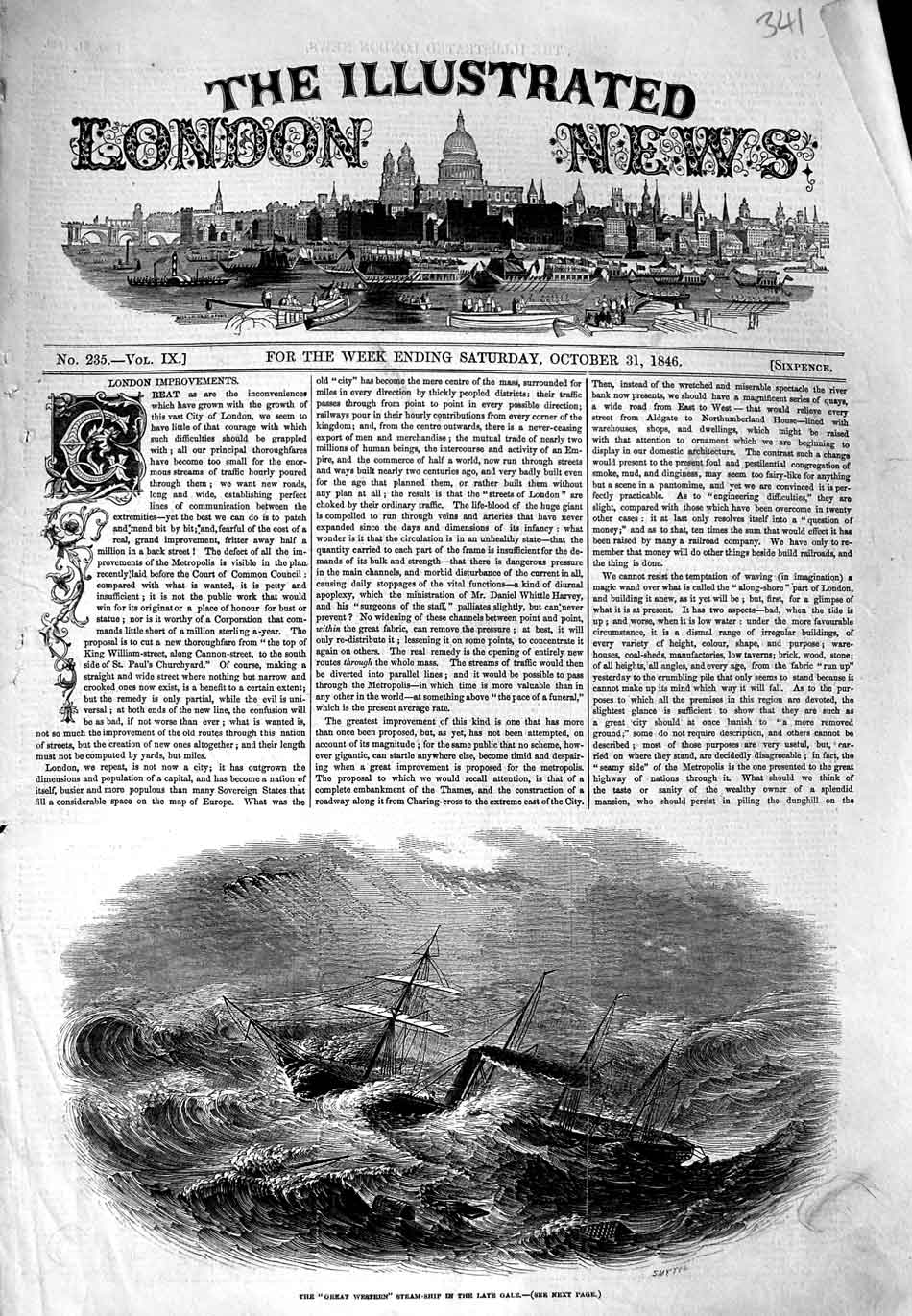 Original Old Antique Print 1846 Great Western Steam Ship Stormy Sea Victorian
