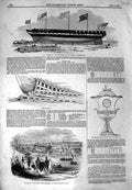 Original Old Antique Print 1844 Ship Monarch Blackwall Tudor Thames Yacht Cup