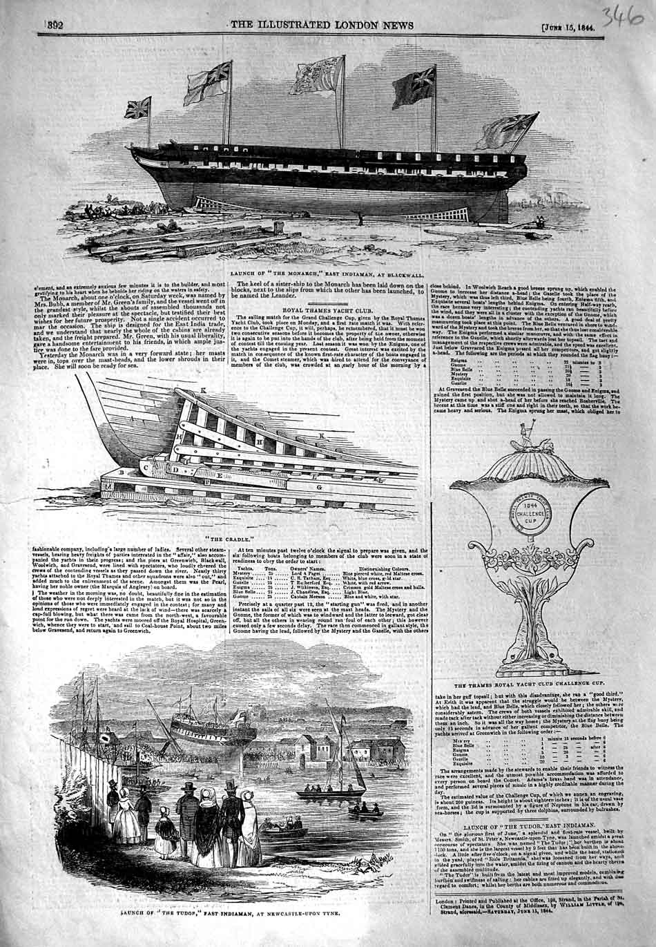 Original Old Antique Print 1844 Ship Monarch Blackwall Tudor Thames Yacht Cup