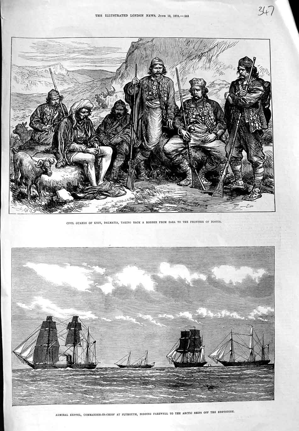 Old Antique Print 1875 Civil Guards Dalmatia Admiral Keepel Ship Plymouth 19th