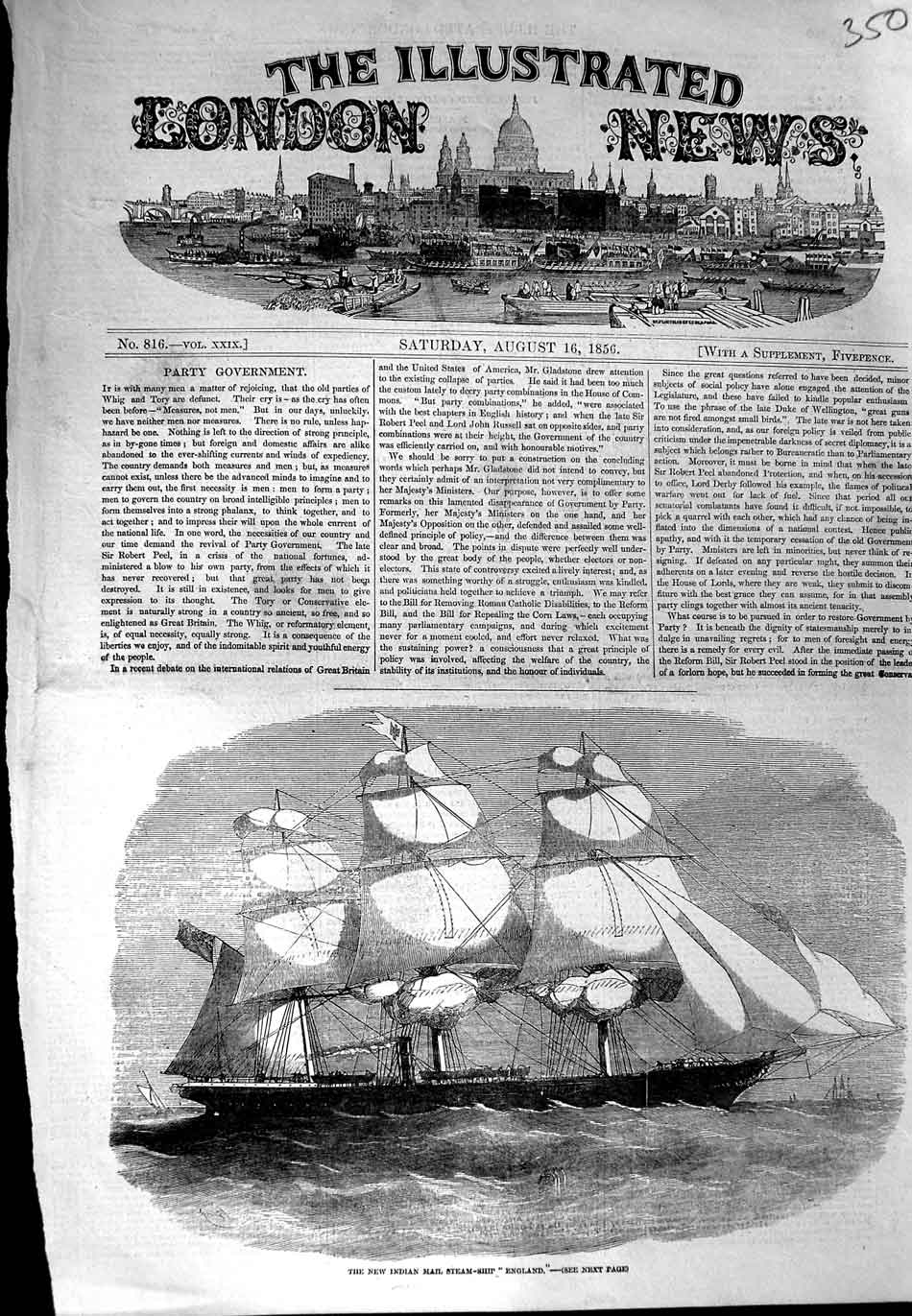 Original Old Antique Print 1856 New Indian Mail Sailing Steam Ship England 19th
