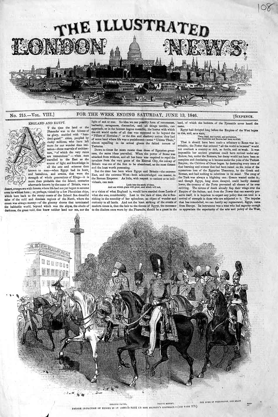 Old Antique Print 1846 James Park Ibrahim Pacha Prince Albert Wellington 19th