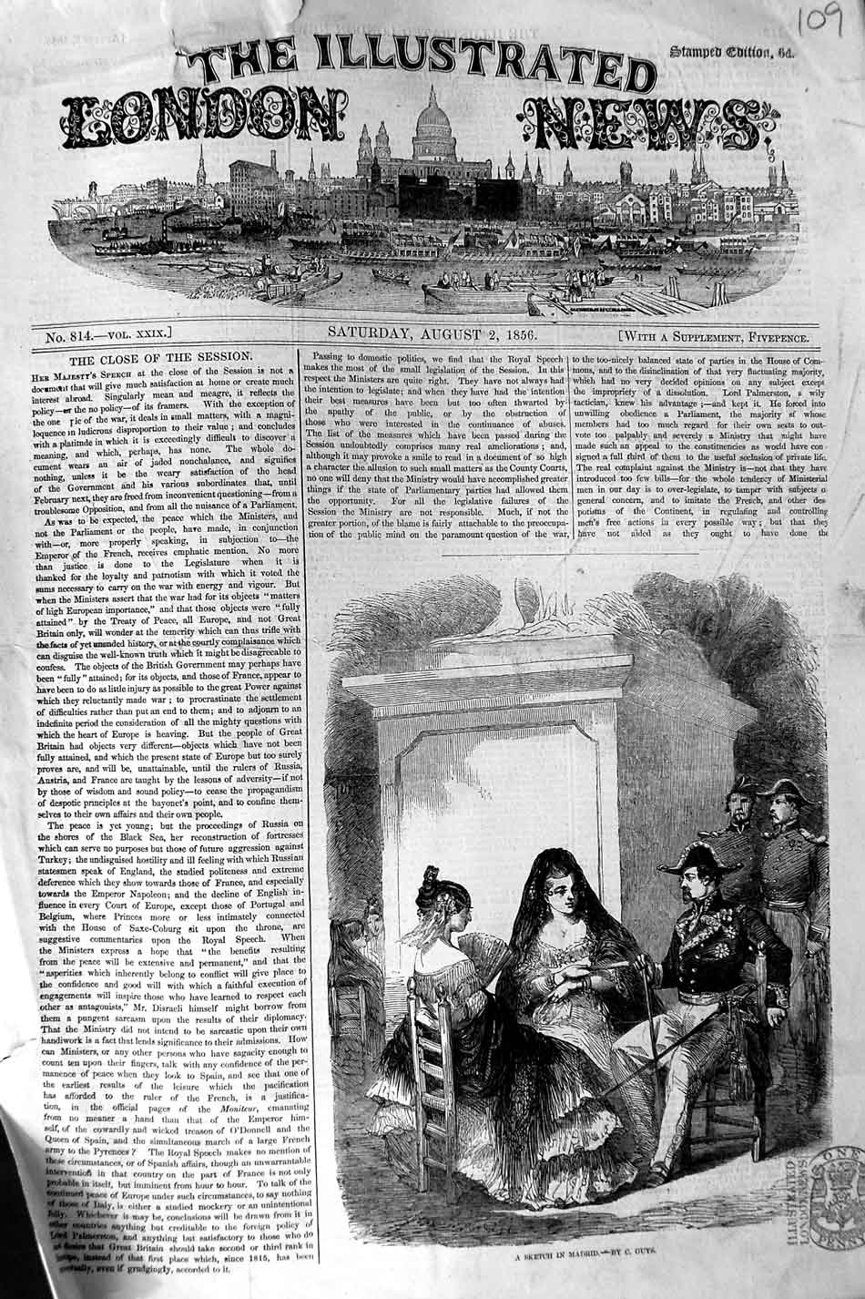 Original Old Antique Print 1856 Scene Madrid Spain Officer Ladies Victorian