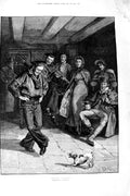 Original Old Antique Print 1891 Wollen Fine Art Sailor Dancing Music Dog 19th